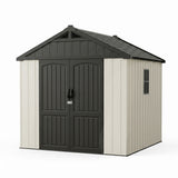 Devoko 8 x 8 FT Outdoor Storage Shed with Floor, Garden Resin Shed,Plastic Tool Shed with Lockable Door and DIY Window, Outside Kick-it Shed for Patio, Backyard, Lawn, Beige