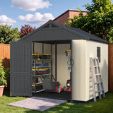 Devoko Plastic Outdoor Storage Shed with Floor, 8x6 FT Resin Tool Garden Shed with DIY Window and Lockable Door, Outside Kick-it Shed for Patio,Garden, Backyard, Lawn, Beige