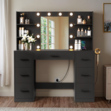 Devoko Vanity Desk with Adjustable Lighted Mirror, Vanity Table Set with Drawers & Storage Shelves, Makeup Vanity for Bedroom Dressing Room