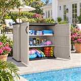 Devoko 26 Cu Ft Resin Outdoor Storage Cabinet with Shelves, Horizontal Shed Waterproof Patio Storage Shed with 2 Lockable Doors Easy to Assemble for Backyards Pools Gardens, Beige, Include 2 Shelves