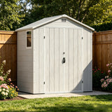Devoko 6 x 4 FT Resin Shed with Floor, Plastic Outdoor Storage with Window, Outside Garden Sheds with Lockable Door, Waterproof Utility Tool Shed for Backyard Patio Lawn, Light Gray