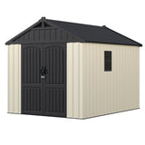 Devoko 8x10 FT Resin Storage Shed with Floor, Outdoor Plastic Garden Sheds Tool Outside Sheds with DIY Window and Lockable Door, Kick-it Shed for Patio, Backyard, Lawn, Beige