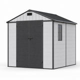 Devoko 8 x 8 FT Resin Storage Shed with Floor, Outdoor Plastic Tool Shed, All-Weather Garden Shed with Lockable Door & Sloping Roof for Patio, Backyard, Poolside, Light Grey