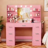 Vineego Vanity Desk with Adjustable Lighted Mirror, Vanity Table Set with Drawers & Storage Shelves, Makeup Vanity for Bedroom Dressing Room