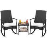 Devoko 3 Pieces Patio Rattan Rocking Chair Set with Cushion and Table Outdoor Porch and Garden Furniture