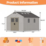 Devoko 10x12 FT Resin Outdoor Storage Shed with Floor, Beige | Large Plastic Garden Shed with Windows & Lockable Door, Multipurpose Tool Storage Shed for Patio Backyard Lawn