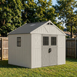 Devoko 10x8 FT Resin Storage Shed with Floor, Large Outdoor Plastic Sheds Outside Garden Shed with Lockable Door & Windows, Multipurpose Tool Storage Shed for Patio Lawn Backyard, Beige