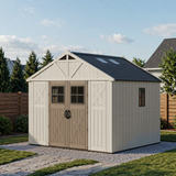 Devoko 10x10 FT Resin Storage Shed with Floor, Large Outdoor Plastic Sheds Outside,Garden Shed with Lockable Door & Windows, Multipurpose Tool Storage Shed for Patio Lawn Backyard, Beige