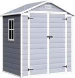 Devoko 6 x 4 FT Resin Outdoor Storage Shed with Floor, Plastic Tool Shed | Waterproof Outdoor Garden Shed with Window and Lockable Door for Patios, Backyards, and Poolside Areas, Light Gray