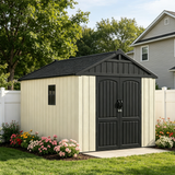 Devoko 8x10 FT Resin Storage Shed with Floor, Outdoor Plastic Garden Sheds Tool Outside Sheds with DIY Window and Lockable Door, Kick-it Shed for Patio, Backyard, Lawn, Beige