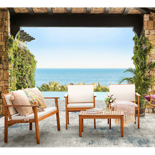 Devoko 4 Pieces Acacia Patio Conversation Set Outdoor Furniture Set with Cushions and Side Table Beige