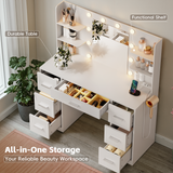 Devoko Vanity Desk with Adjustable Lighted Mirror, Vanity Table Set with Drawers & Storage Shelves, Makeup Vanity for Bedroom Dressing Room