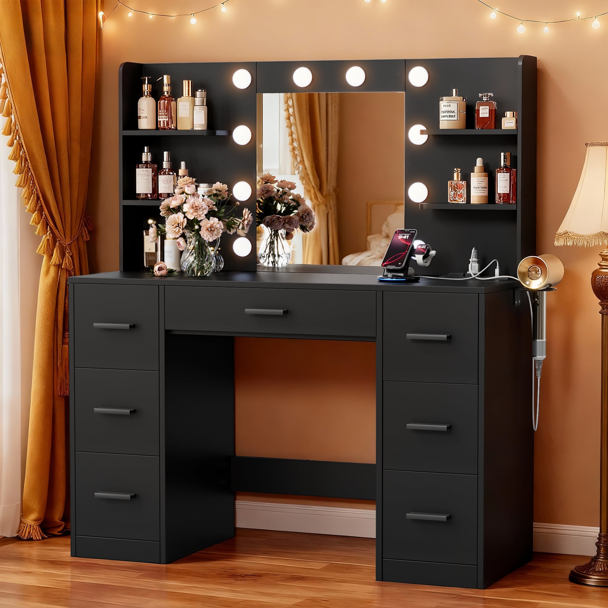 black vanity dresser Vineego Makeup Vanity Desk with Mirror, Lights & Power Outlet Vanity Table with 7 Drawers and 6 Storage Shelves for Bedroom, White