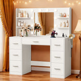 Vineego Vanity Desk with Adjustable Lighted Mirror, Vanity Table Set with Drawers & Storage Shelves, Makeup Vanity for Bedroom Dressing Room