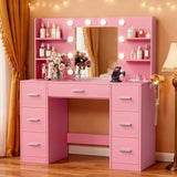 Vineego Vanity Desk with Adjustable Lighted Mirror, Vanity Table Set with Drawers & Storage Shelves, Makeup Vanity for Bedroom Dressing Room