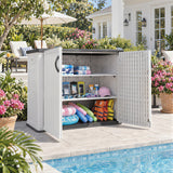 Devoko 26 Cu Ft Resin Outdoor Storage Cabinet with Shelves, Horizontal Shed Waterproof Patio Storage Shed with 2 Lockable Doors Easy to Assemble for Backyards Pools Gardens, White, Include 2 Shelves