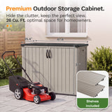 Devoko 26 Cu Ft Resin Outdoor Storage Cabinet with Shelves, Horizontal Shed Waterproof Patio Storage Shed with 2 Lockable Doors Easy to Assemble for Backyards Pools Gardens, Beige, Include 2 Shelves