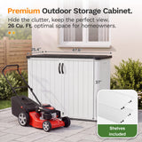 Devoko 26 Cu Ft Resin Outdoor Storage Cabinet with Shelves, Horizontal Shed Waterproof Patio Storage Shed with 2 Lockable Doors Easy to Assemble for Backyards Pools Gardens, White, Include 2 Shelves