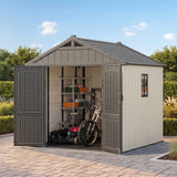 Devoko 8 x 8 FT Outdoor Storage Shed with Floor, Garden Resin Shed,Plastic Tool Shed with Lockable Door and DIY Window, Outside Kick-it Shed for Patio, Backyard, Lawn, Beige