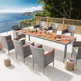 Devoko Outdoor Patio Dining Sets 9 Pieces Wicker Outdoor Dining Table and Chairs Set with Acacia Wood Table Top and Widened Armrests for Backyard, Garden, Deck (Grey)