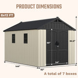 Devoko 8 x 12 FT Resin Outdoor Storage Shed with Floor, Large Plastic Sheds, Kick-it Outside Tool Shed with Lockable Door & Windows Sloping Roof for Backyard, Lawn, Garden, Patio, Beige