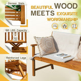 Devoko Patio Acacia Wood Bench Loveseat with a Folding Table, Outdoor Wood Porch Chair for 2 Persons for Garden and Backyard