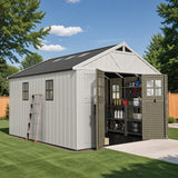 Devoko 10x10 FT Resin Storage Shed with Floor, Large Outdoor Plastic Sheds Outside,Garden Shed with Lockable Door & Windows, Multipurpose Tool Storage Shed for Patio Lawn Backyard, Beige
