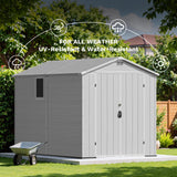 Devoko 6x10 FT Resin Outdoor Storage Shed with Floor, Large Outside Sheds Plastic Waterproof Tool Garden Shed with Windows and Lockable Door for Backyard, Patio, Lawn, Light Gray