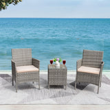 Devoko 3 Pieces Patio Furniture Set Outdoor Conversation Set Wicker Bistro Chairs Set of 2 with Coffee Table for Porch Backyard Balcony, Gray/Beige