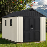 Devoko 8 x 12 FT Resin Outdoor Storage Shed with Floor, Large Plastic Sheds, Kick-it Outside Tool Shed with Lockable Door & Windows Sloping Roof for Backyard, Lawn, Garden, Patio, Beige
