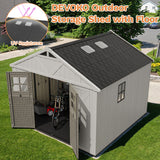 Devoko 10x10 FT Resin Storage Shed with Floor, Large Outdoor Plastic Sheds Outside,Garden Shed with Lockable Door & Windows, Multipurpose Tool Storage Shed for Patio Lawn Backyard, Beige