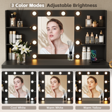 Devoko Vanity Desk with Adjustable Lighted Mirror, Vanity Table Set with Drawers & Storage Shelves, Makeup Vanity for Bedroom Dressing Room