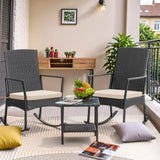 Devoko 3pcs Patio Rattan Rocking Chair Set with Cushion and a Table, Outdoor Porch and Garden Furniture Set