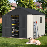Devoko Plastic Outdoor Storage Shed with Floor, 8x6 FT Resin Tool Garden Shed with DIY Window and Lockable Door, Outside Kick-it Shed for Patio,Garden, Backyard, Lawn, Beige
