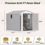 Devoko 6x10 FT Resin Outdoor Storage Shed with Floor, Large Outside Sheds Plastic Waterproof Tool Garden Shed with Windows and Lockable Door for Backyard, Patio, Lawn, Light Gray