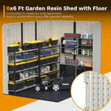 Devoko Plastic Outdoor Storage Shed with Floor, 8x6 FT Resin Tool Garden Shed with DIY Window and Lockable Door, Outside Kick-it Shed for Patio,Garden, Backyard, Lawn, Beige