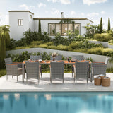 Devoko Outdoor Patio Dining Sets 9 Pieces Wicker Outdoor Dining Table and Chairs Set with Acacia Wood Table Top and Widened Armrests for Backyard, Garden, Deck (Grey)