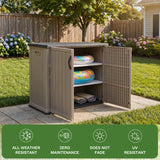 Devoko 26 Cu Ft Resin Outdoor Storage Cabinet with Shelves, Horizontal Shed Waterproof Patio Storage Shed with 2 Lockable Doors Easy to Assemble for Backyards Pools Gardens, Beige, Include 2 Shelves