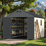 Devoko 8 x 12 FT Resin Outdoor Storage Shed with Floor, Large Plastic Sheds, Kick-it Outside Tool Shed with Lockable Door & Windows Sloping Roof for Backyard, Lawn, Garden, Patio, Beige