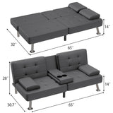 Devoko Futon Sofa Bed Folding Leather Modern Couch with 2 Cup Holders,Removable Armrests,Black