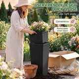 Devoko 2 Pack 24" Tall Outdoor Plastic Planters with Removable Inner Pots, UV Resistant Faux Wicker Rattan Patio Planters, Large Tapered Design for Balcony Garden Living Room, Black