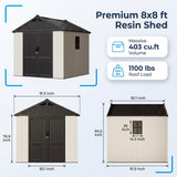 Devoko 8 x 8 FT Outdoor Storage Shed with Floor, Garden Resin Shed,Plastic Tool Shed with Lockable Door and DIY Window, Outside Kick-it Shed for Patio, Backyard, Lawn, Beige