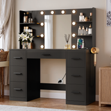 Devoko Vanity Desk with Adjustable Lighted Mirror, Vanity Table Set with Drawers & Storage Shelves, Makeup Vanity for Bedroom Dressing Room