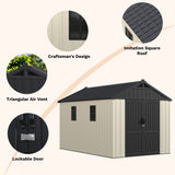 Devoko 8 x 12 FT Resin Outdoor Storage Shed with Floor, Large Plastic Sheds, Kick-it Outside Tool Shed with Lockable Door & Windows Sloping Roof for Backyard, Lawn, Garden, Patio, Beige