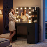 Vineego Makeup Vanity Desk with Mirror, Vanity Set with Charging Outlets and LED Lights, Vanity Table with Storage Shelves Drawers and Cabinet for Bedroom Dressing Room