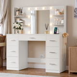 Vineego Vanity Desk with Adjustable Lighted Mirror, Vanity Table Set with Drawers & Storage Shelves, Makeup Vanity for Bedroom Dressing Room