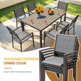 Vineego 7 Pieces Patio Dining Set Outdoor Furniture Set 6 Stackable Textilene Armchairs with Rectangular Table