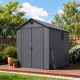 Devoko 6X8 FT Resin Outdoor Storage Shed with Floor, Dark Gray, Plastic Tool Sheds with Window and Lockable Door, Weather-Resistant Garden Shed, Easy Assembly for Backyard, Patio, Lawn