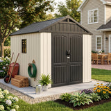 Devoko 8 x 8 FT Outdoor Storage Shed with Floor, Garden Resin Shed,Plastic Tool Shed with Lockable Door and DIY Window, Outside Kick-it Shed for Patio, Backyard, Lawn, Beige