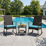 Devoko 3 Pieces Patio Rattan Rocking Chair Set with Cushion and Table Outdoor Porch and Garden Furniture